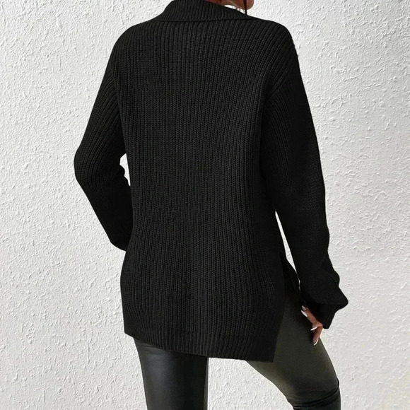 Black Casual Women's Half Zip Drop Shoulder Grain Sweater - Picture 3 of 7